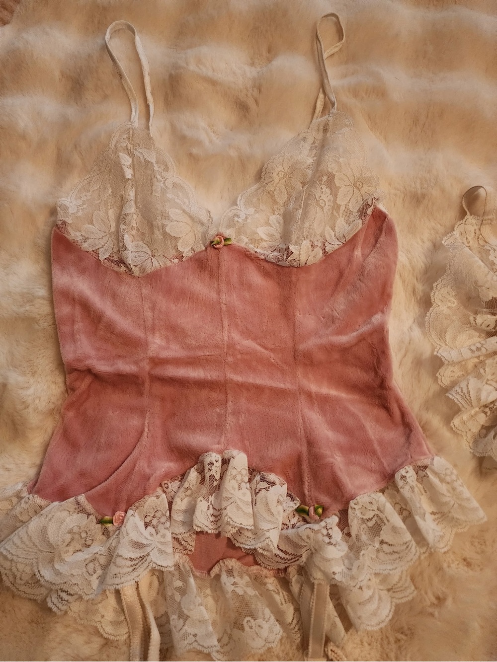 Dusty Pink Velvet With White Lace Chemise Garter and Thong Set